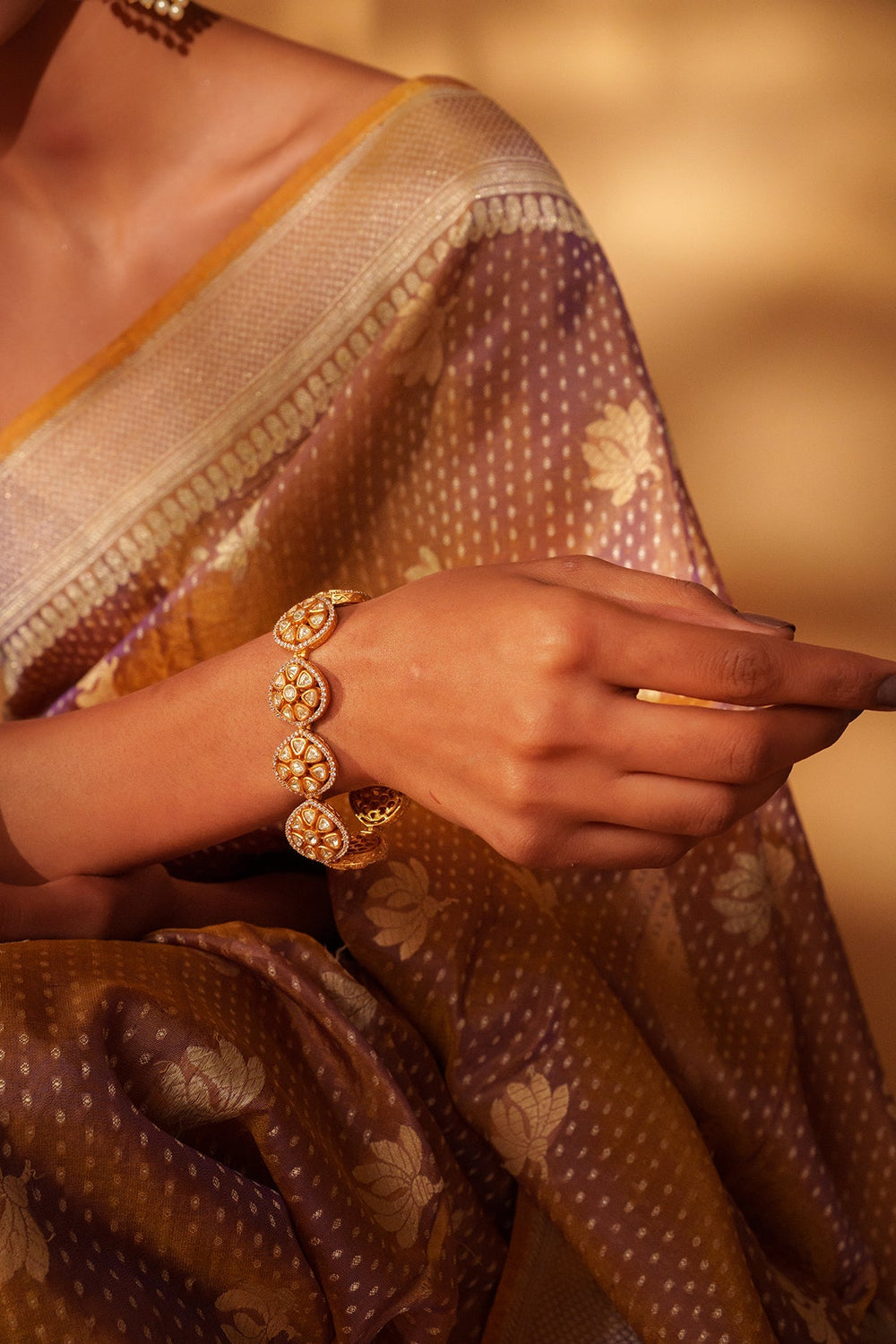 Gold Plated Floral Moissanite Stone Bracelet Zevar by Geeta - Fabilicious Fashion