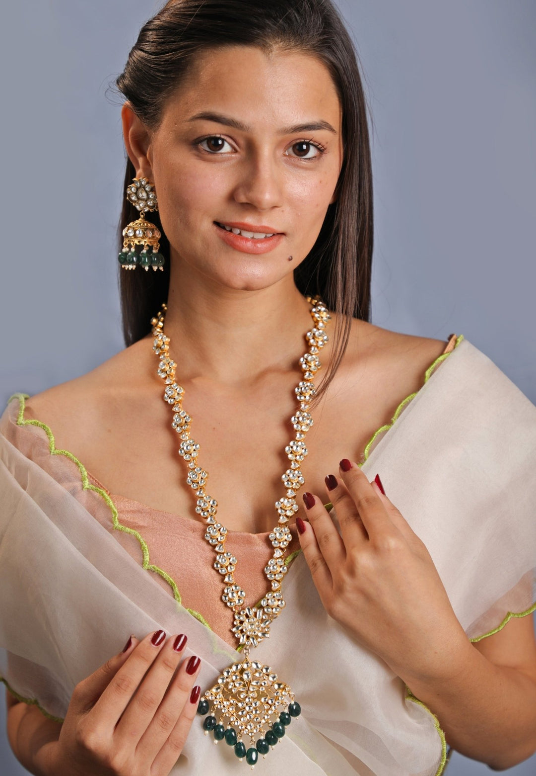 Gold Plated Floral Necklace Set With Emerald Beads And Jhumkis Kalyani Indian Jewelry - Fabilicious Fashion