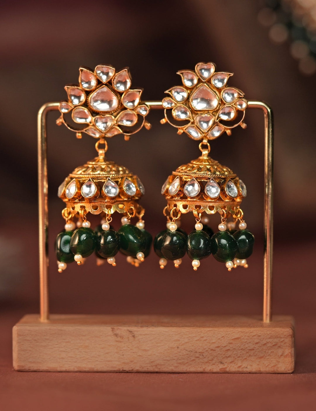 Gold Plated Floral Necklace Set With Emerald Beads And Jhumkis Kalyani Indian Jewelry - Fabilicious Fashion