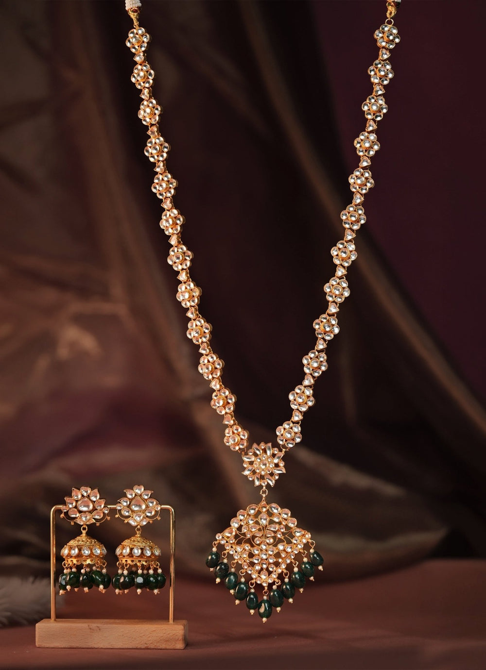 Gold Plated Floral Necklace Set With Emerald Beads And Jhumkis Kalyani Indian Jewelry - Fabilicious Fashion