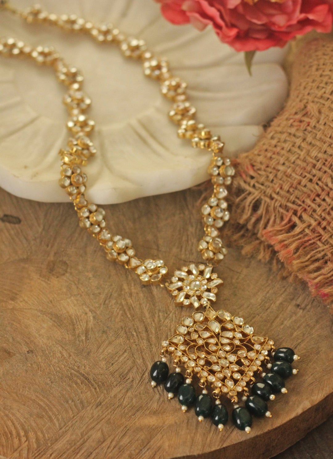 Gold Plated Floral Necklace Set With Emerald Beads And Jhumkis Kalyani Indian Jewelry - Fabilicious Fashion