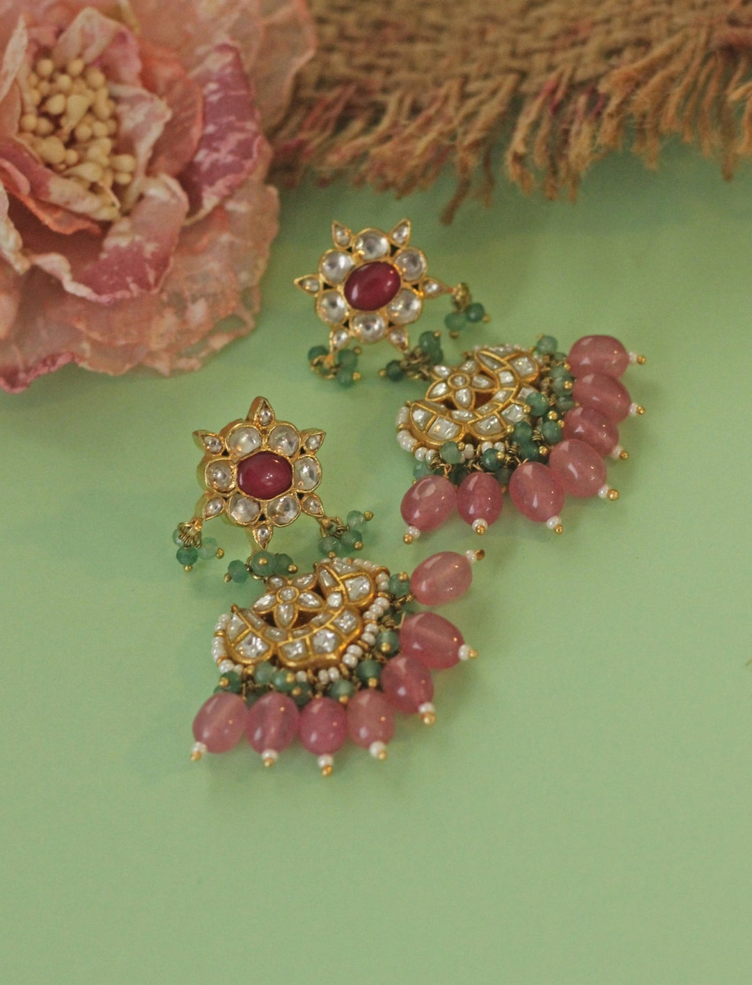 Gold Plated Floral Pink And Green Beaded Earrings Kalyani Indian Jewelry - Fabilicious Fashion