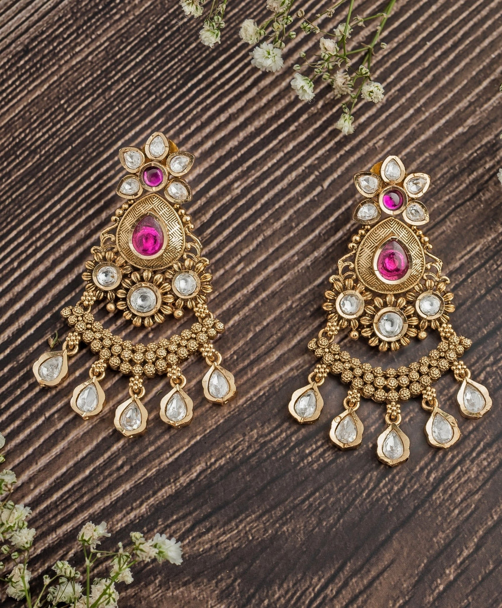 Gold Plated Floral Pink And White Teardrop Chandbali Earrings Vivinia by Vidhi Mehra - Fabilicious Fashion