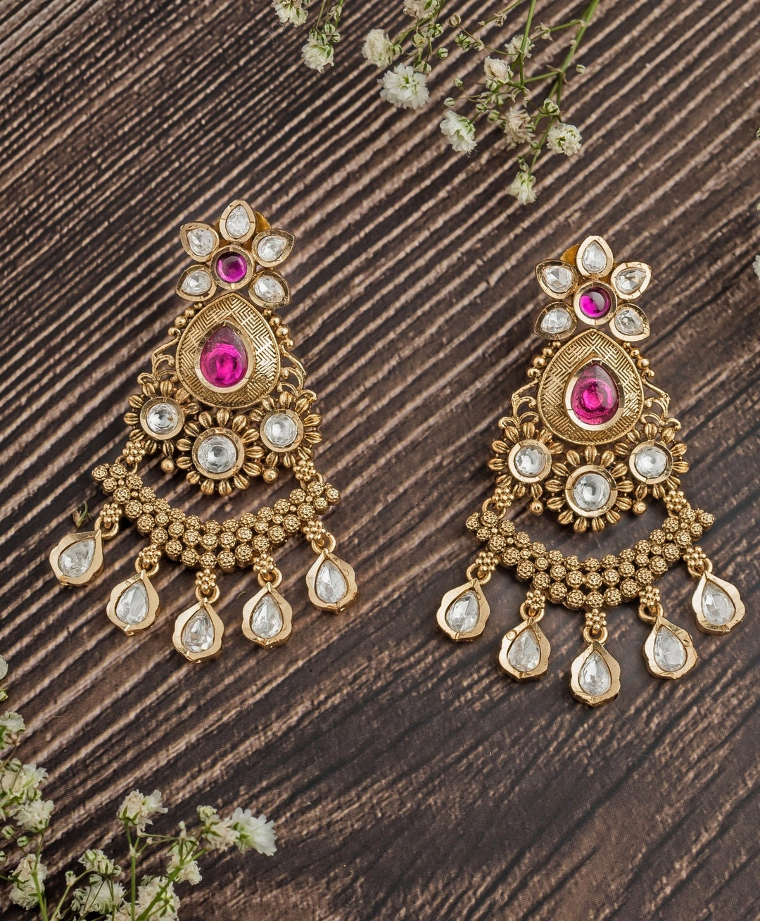 Gold Plated Floral Pink And White Teardrop Chandbali Earrings Vivinia by Vidhi Mehra - Fabilicious Fashion