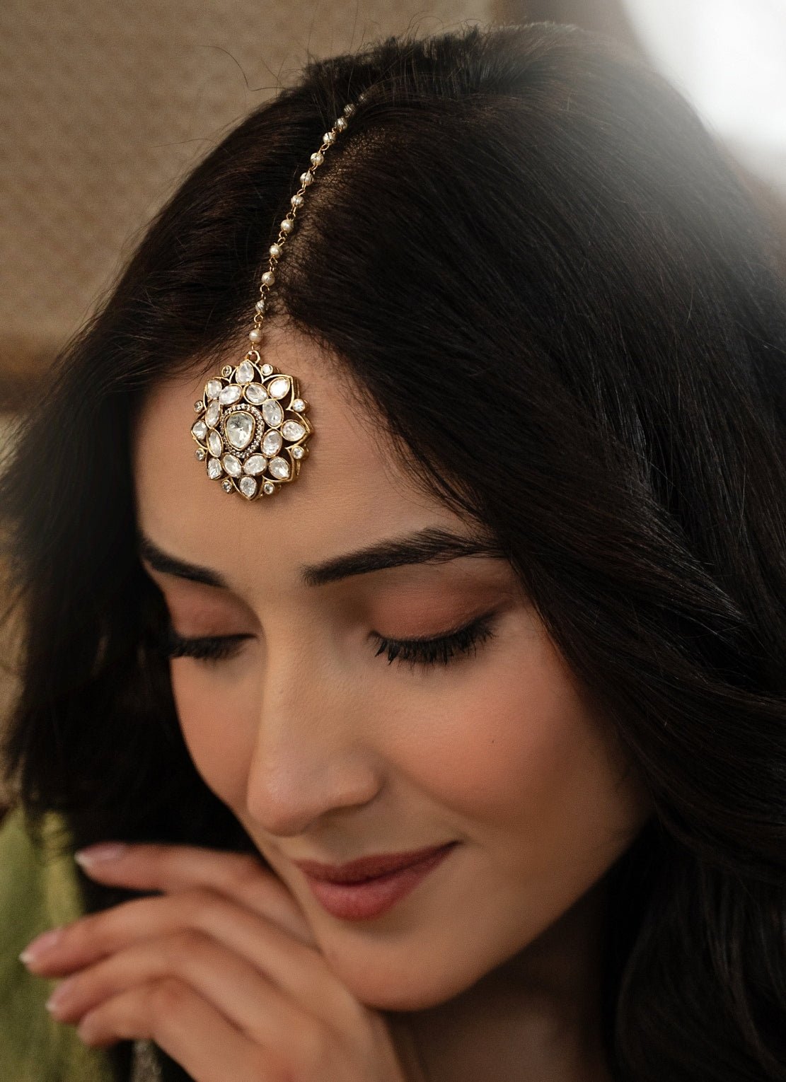 Gold plated floral polki maang tikka for oval face