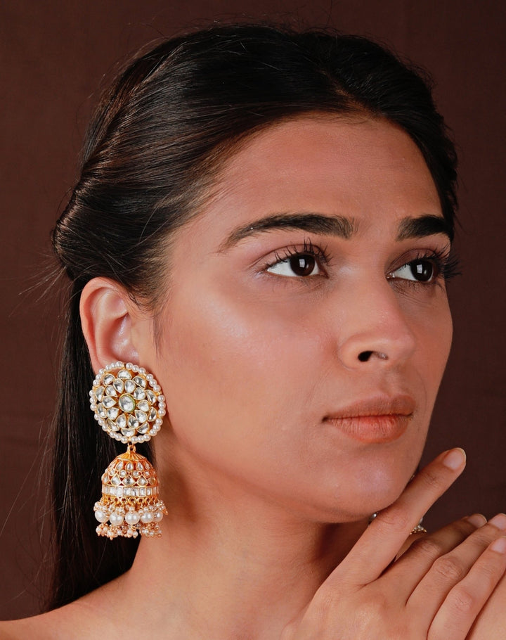 Gold Plated Floral Statement Polki Jhumkas Riana by Shikha Jindal - Fabilicious Fashion
