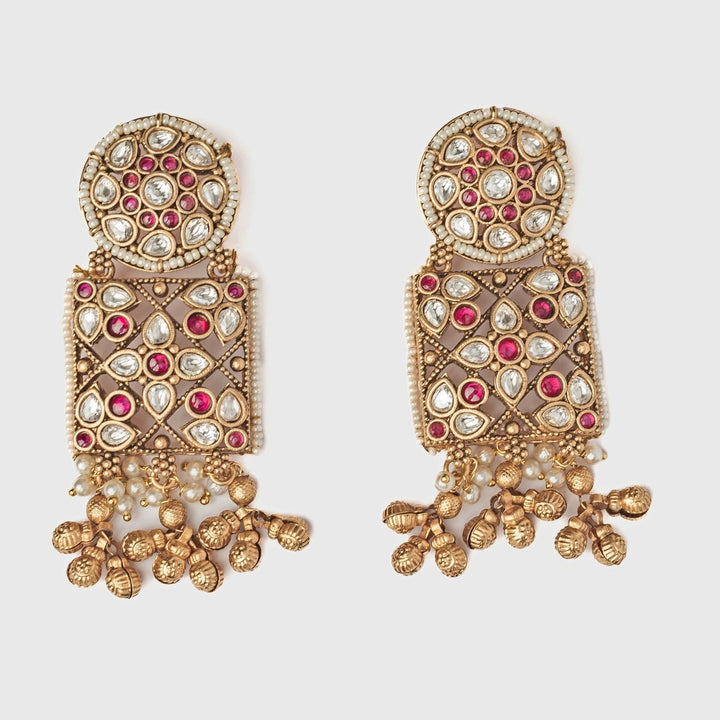 Gold Plated Floral White And Pink Stone Dangle Earrings Vivinia by Vidhi Mehra - Fabilicious Fashion