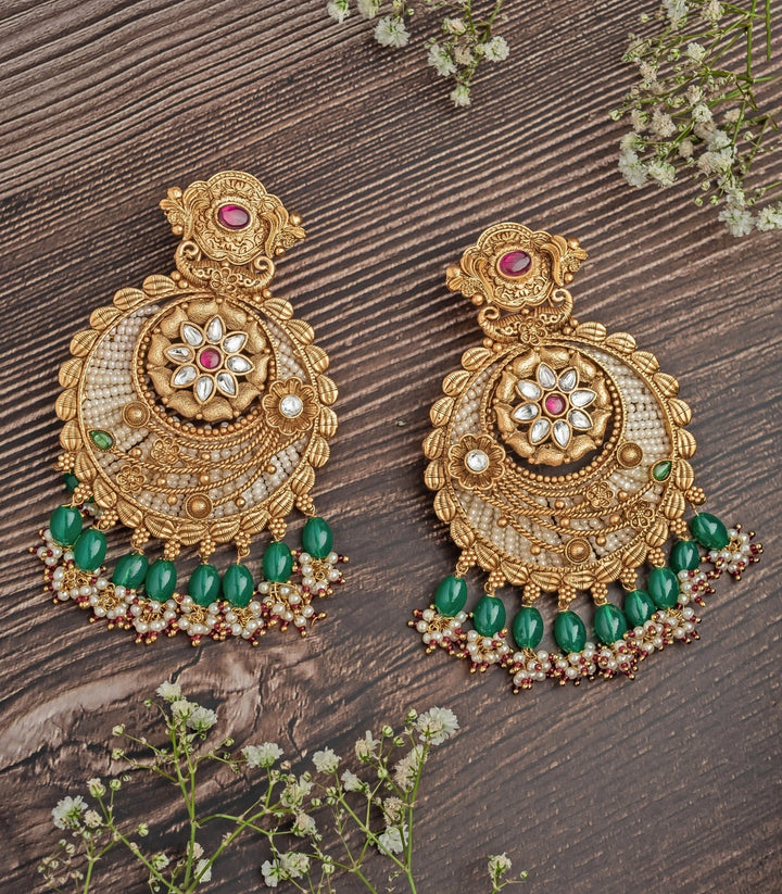 Gold Plated Floral White Chandbali Earrings With Green Hangings Vivinia by Vidhi Mehra - Fabilicious Fashion