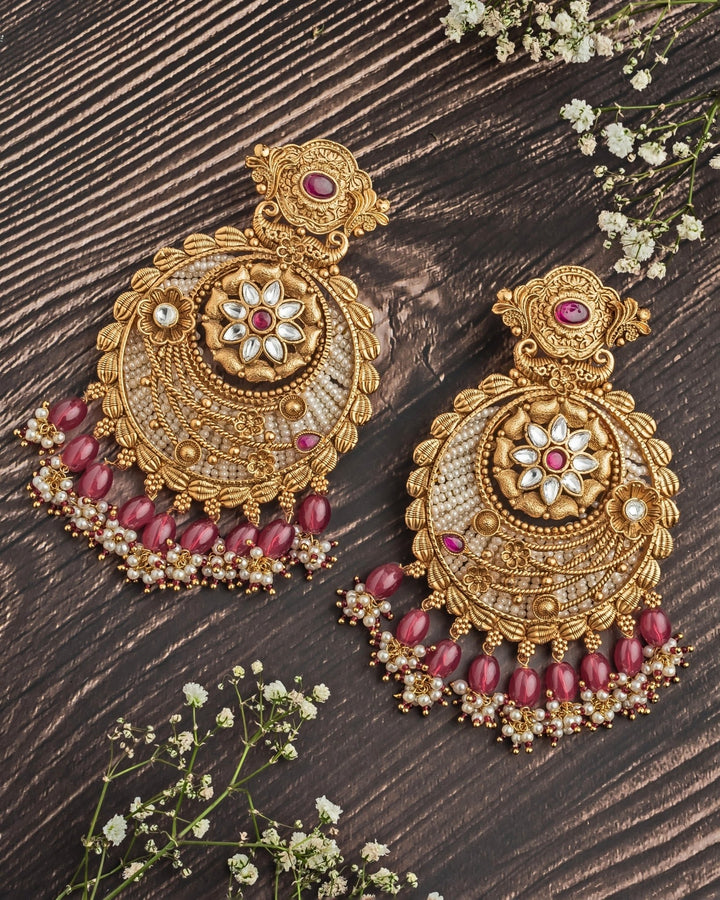 Gold Plated Floral White Chandbali Earrings With Pink Hangings Vivinia by Vidhi Mehra - Fabilicious Fashion