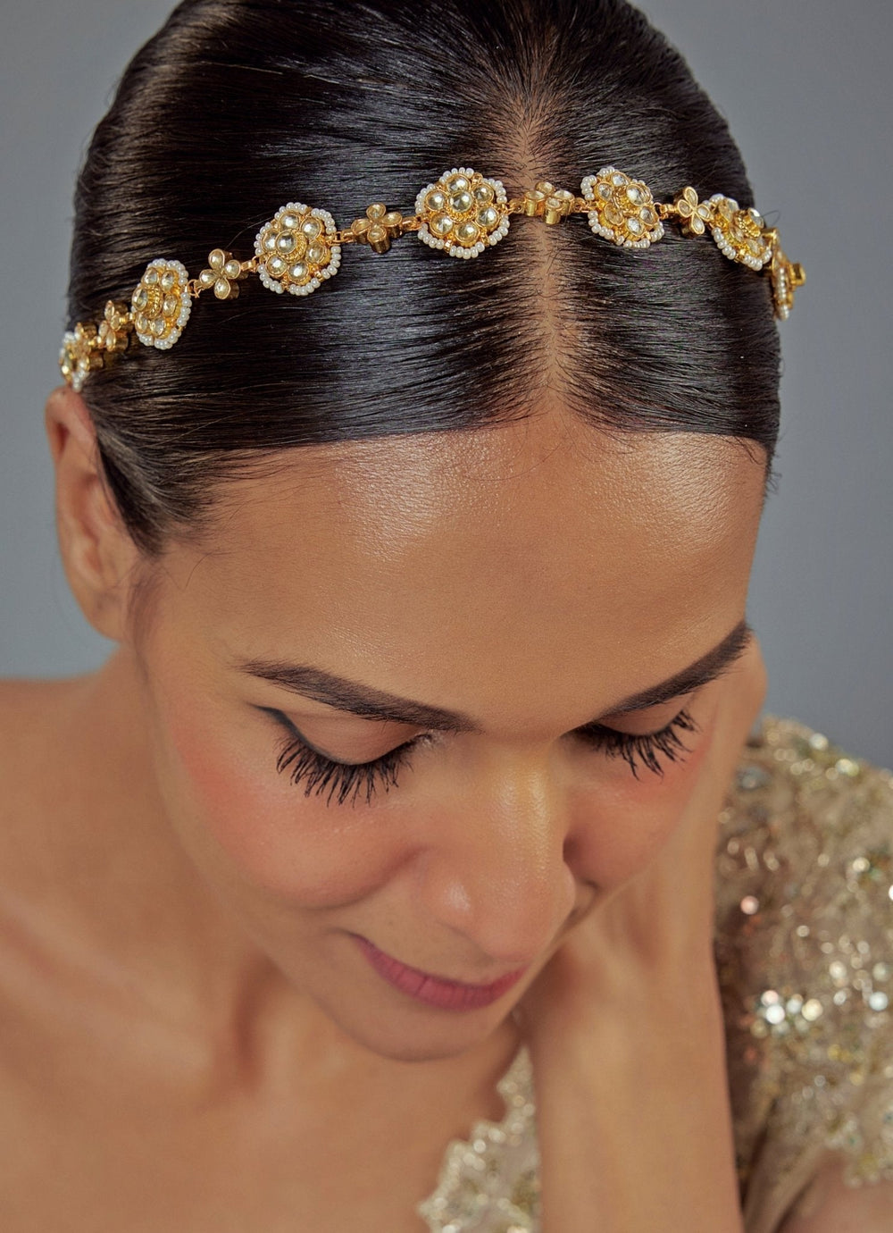 Gold Plated Floral White Crystal And Kundan Matha Patti Vivinia by Vidhi Mehra - Fabilicious Fashion