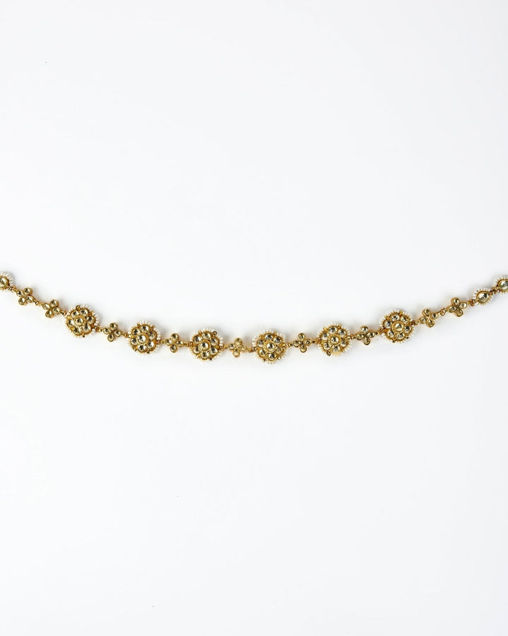 Gold Plated Floral White Crystal And Kundan Matha Patti Vivinia by Vidhi Mehra - Fabilicious Fashion