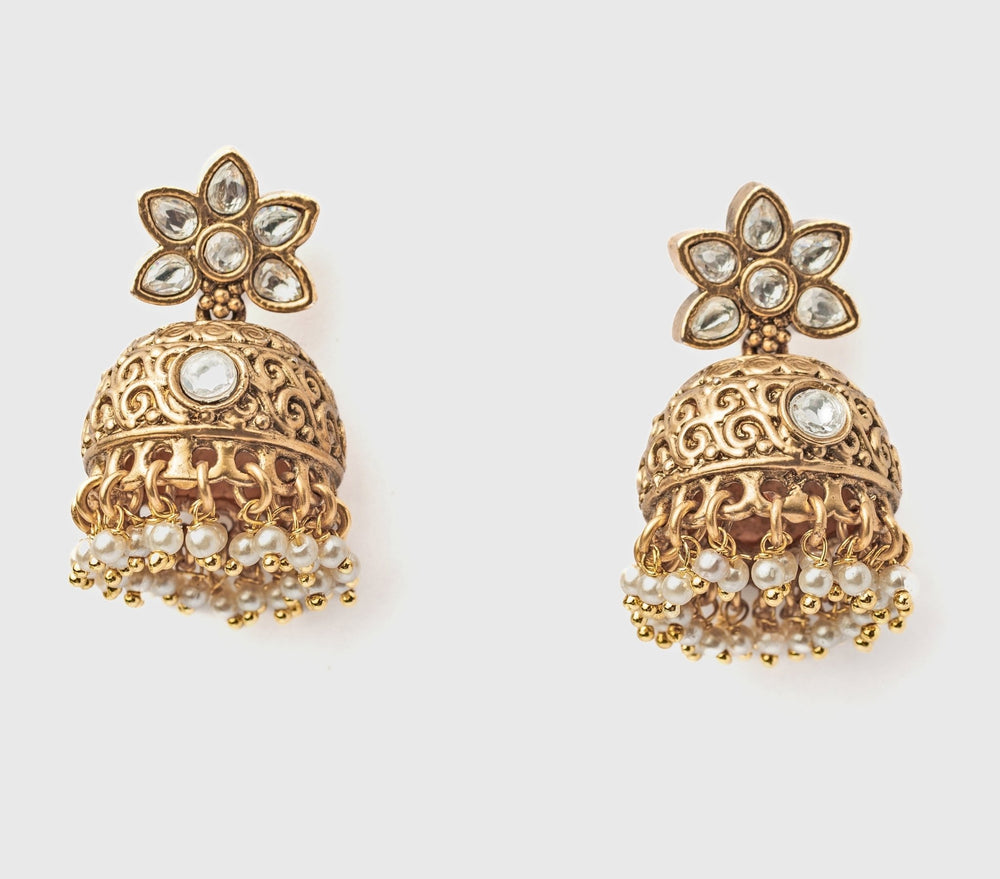 Gold Plated Floral White Stone Jhumka Earrings Vivinia by Vidhi Mehra - Fabilicious Fashion