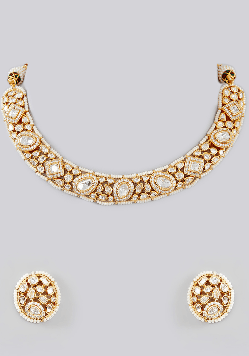 Gold Plated Geometric Pattern Kundan Choker Necklace Set Zevar by Geeta - Fabilicious Fashion
