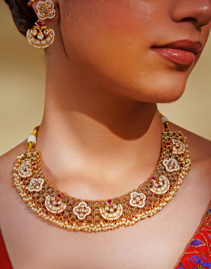 Gold Plated Green And Kundan Necklace Set Zevar by Geeta - Fabilicious Fashion