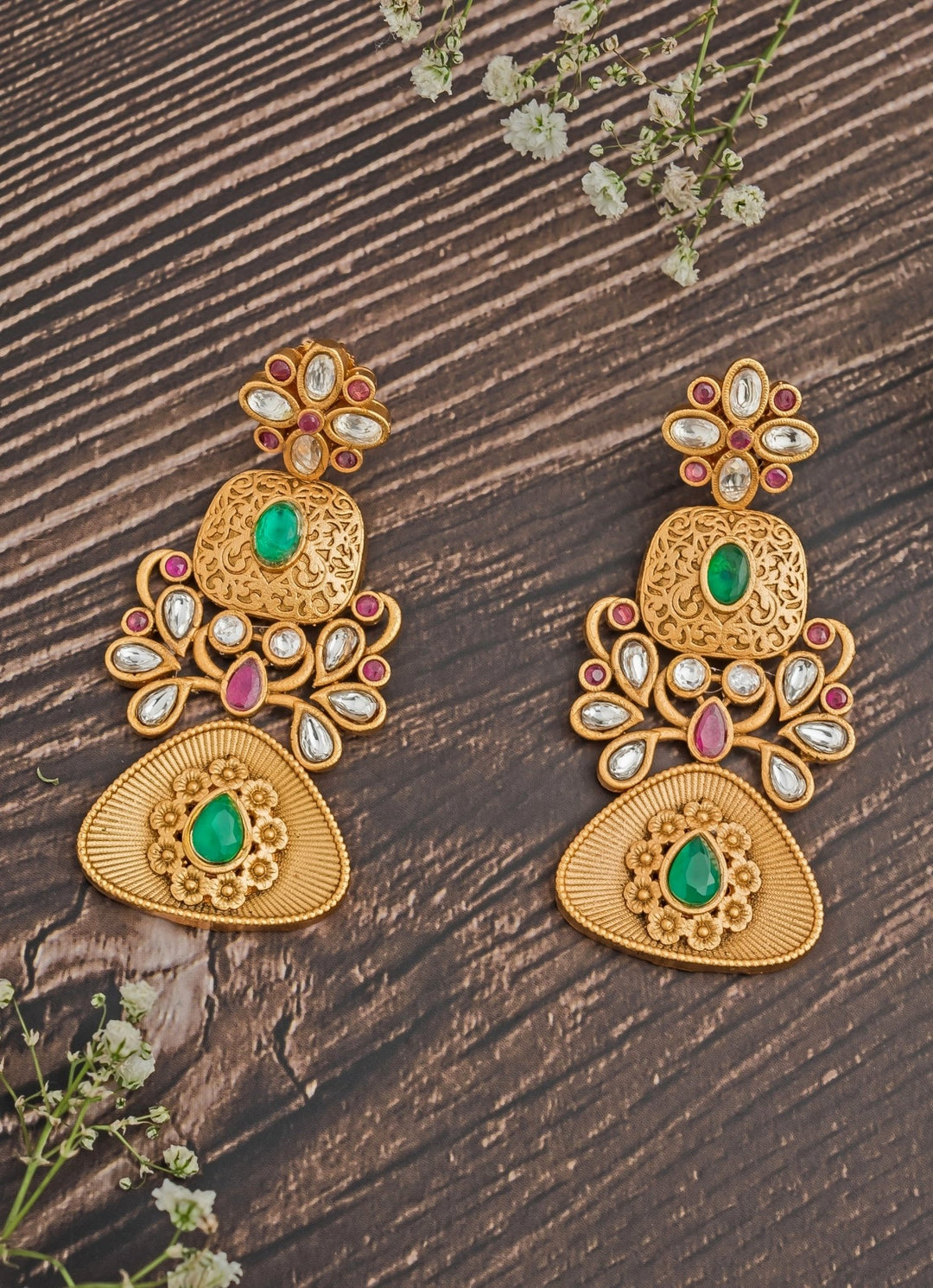Gold Plated Green And Pink Stone Chandbali Earrings Vivinia by Vidhi Mehra - Fabilicious Fashion