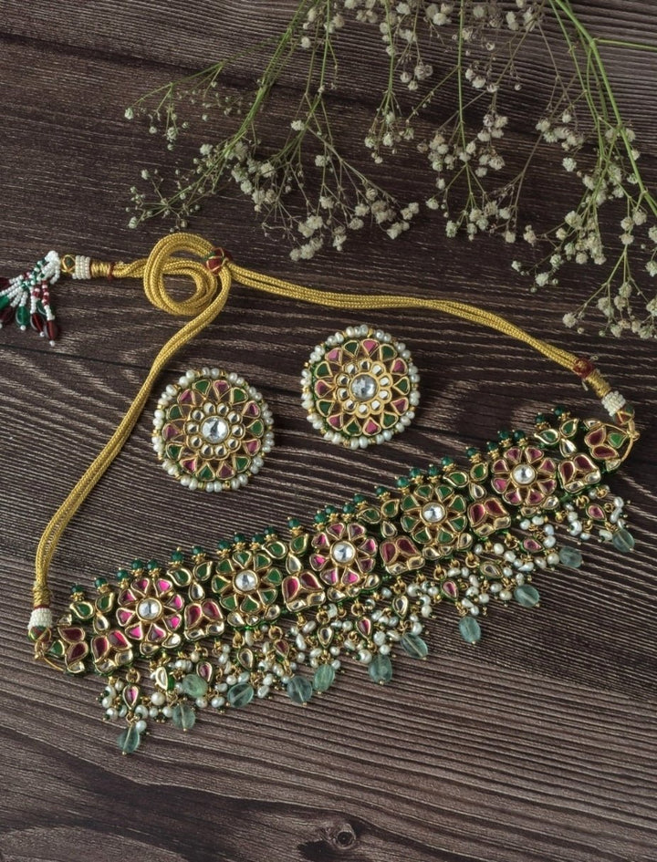 Gold Plated Green And Pink Stone Choker Necklace Set Vivinia by Vidhi Mehra - Fabilicious Fashion