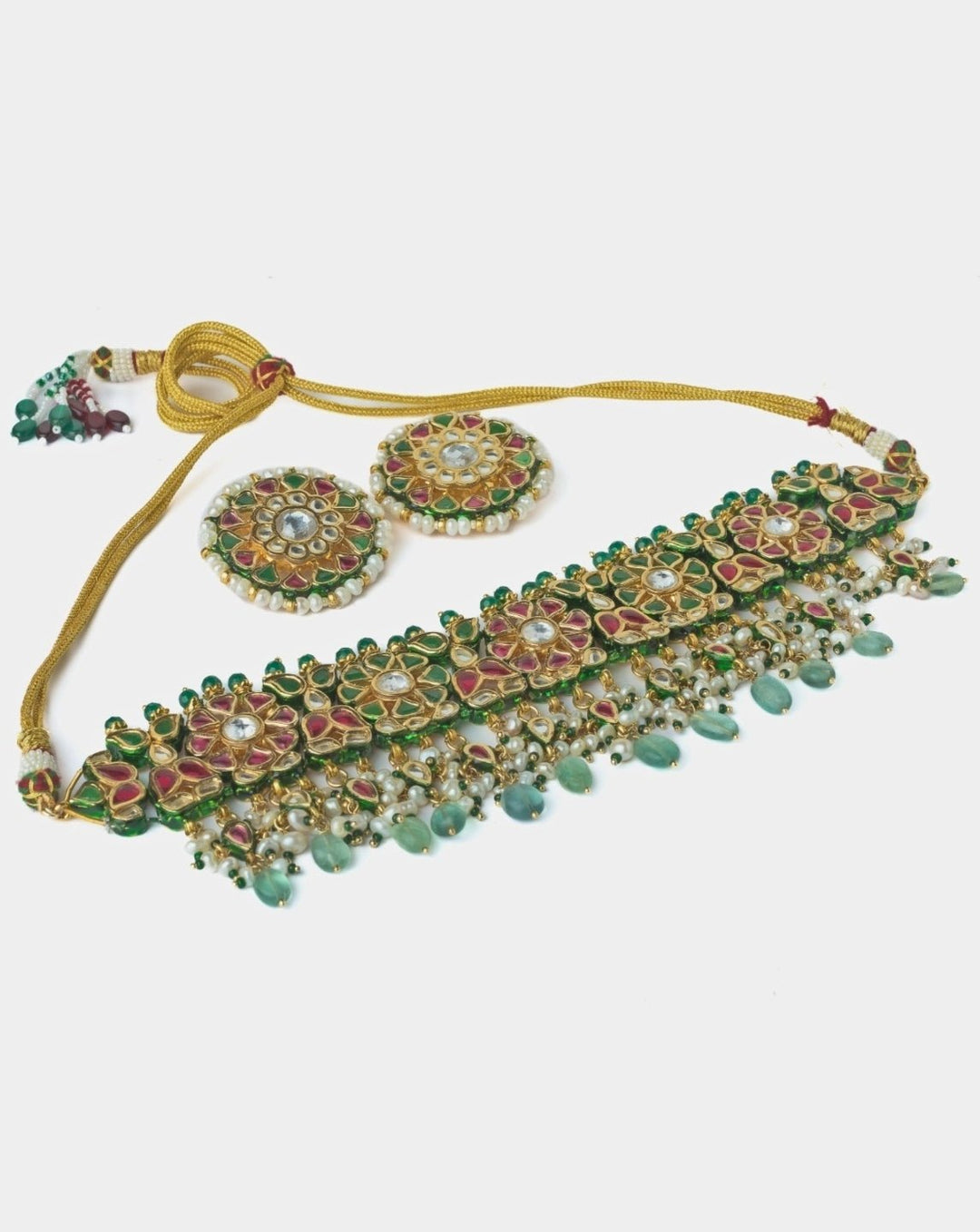 Gold Plated Green And Pink Stone Choker Necklace Set Vivinia by Vidhi Mehra - Fabilicious Fashion