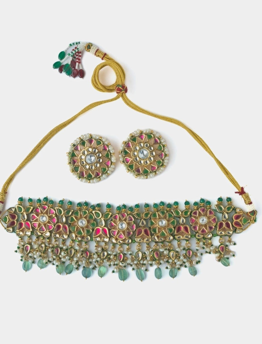 Gold Plated Green And Pink Stone Choker Necklace Set Vivinia by Vidhi Mehra - Fabilicious Fashion