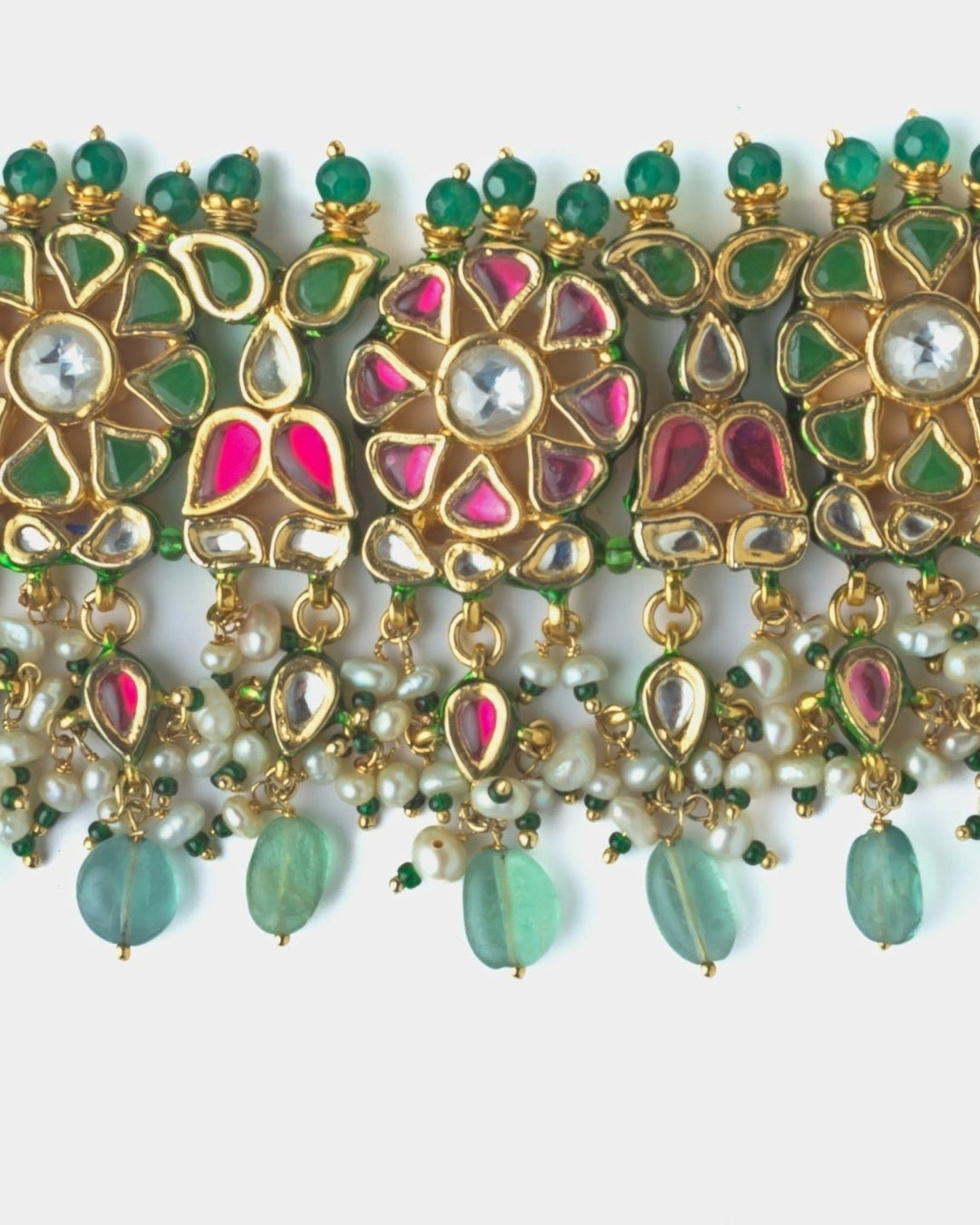 Gold Plated Green And Pink Stone Choker Necklace Set Vivinia by Vidhi Mehra - Fabilicious Fashion