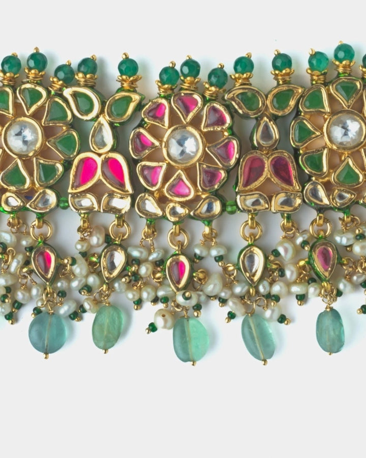Gold Plated Green And Pink Stone Choker Necklace Set Vivinia by Vidhi Mehra - Fabilicious Fashion