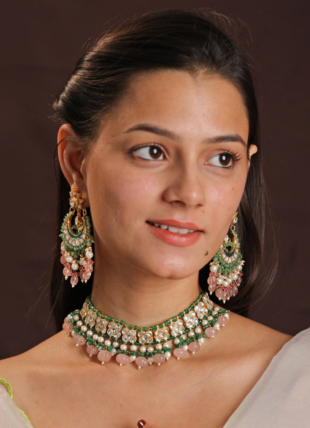 Gold Plated Green And Pink Studded Choker Necklace Set Kalyani Indian Jewelry - Fabilicious Fashion