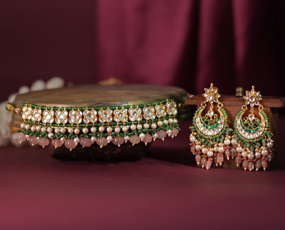 Gold Plated Green And Pink Studded Choker Necklace Set Kalyani Indian Jewelry - Fabilicious Fashion