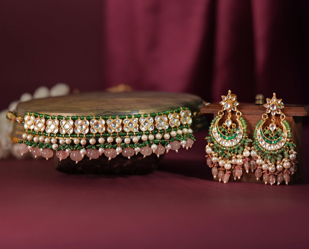 Gold Plated Green And Pink Studded Choker Necklace Set Kalyani Indian Jewelry - Fabilicious Fashion