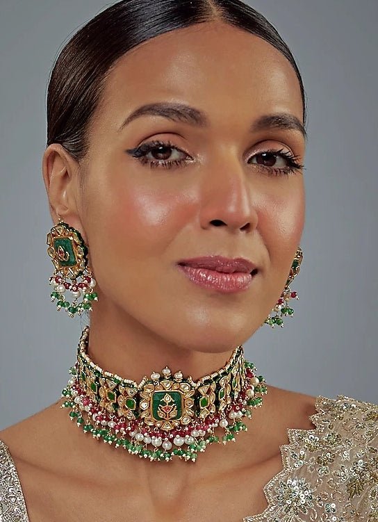 Gold Plated Green And Red Kundan Choker Necklace Set Vivinia by Vidhi Mehra - Fabilicious Fashion