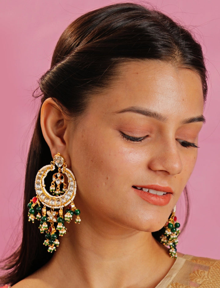 Gold Plated Green And White Jadtar Stone Chandbali With Green Pink Hangings Kalyani Indian Jewelry - Fabilicious Fashion