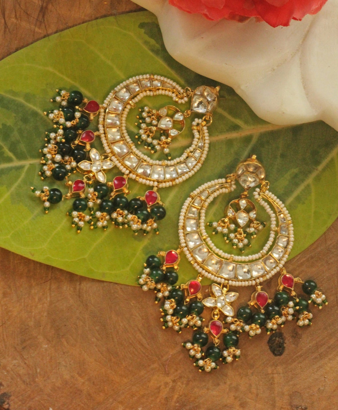 Gold Plated Green And White Jadtar Stone Chandbali With Green Pink Hangings Kalyani Indian Jewelry - Fabilicious Fashion