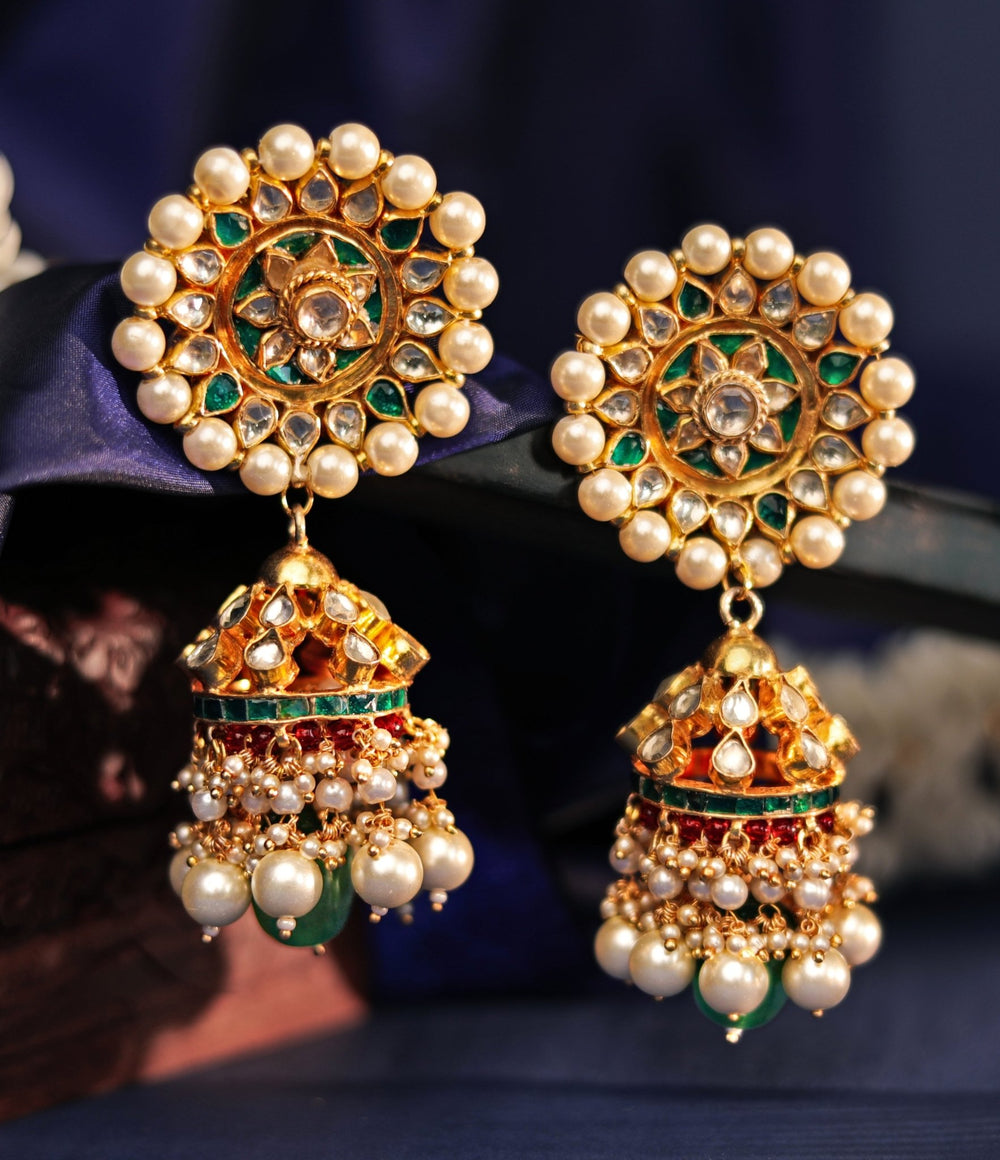 Gold Plated Green And White Jhumka Earrings Kalyani Indian Jewelry - Fabilicious Fashion