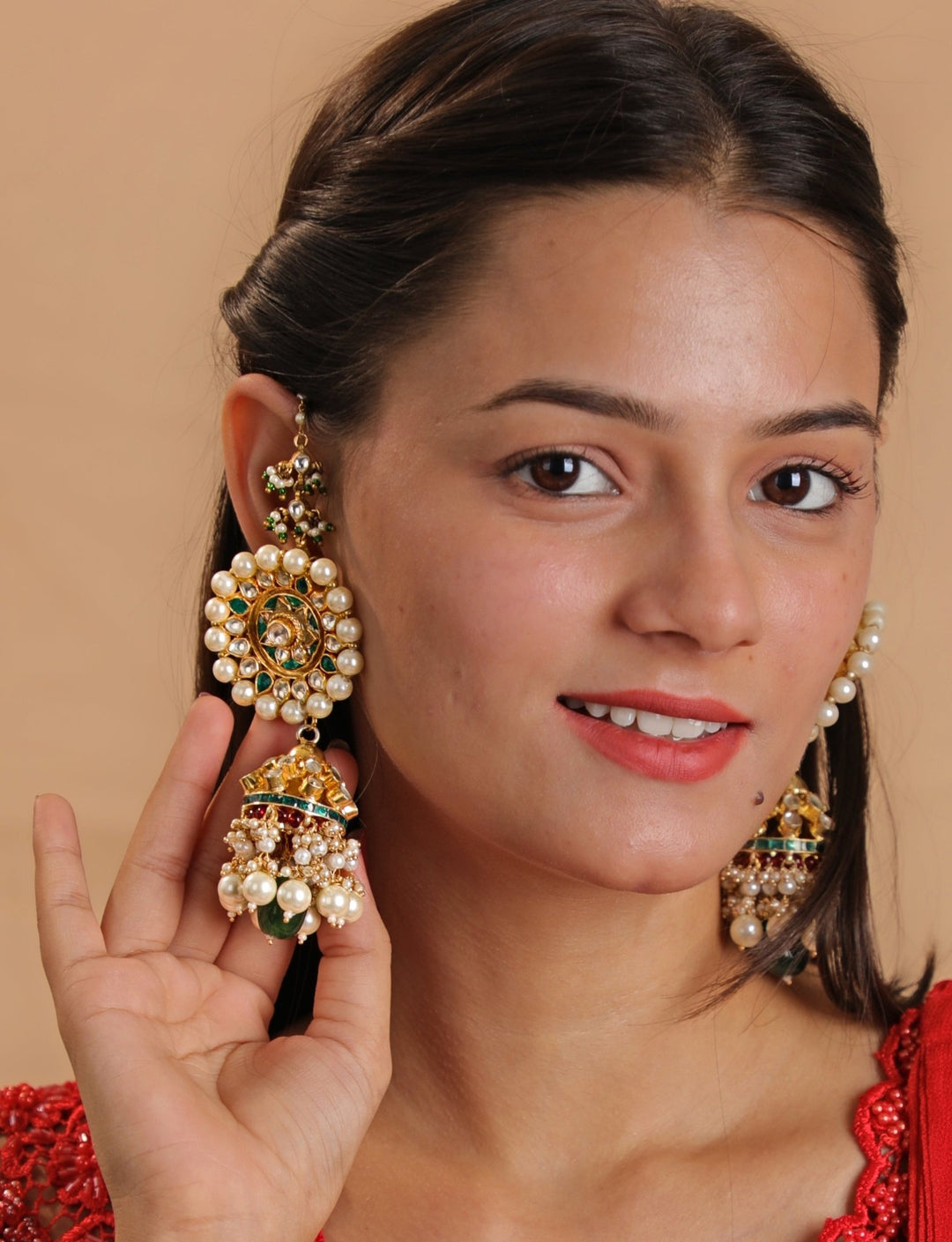 Gold Plated Green And White Jhumka Earrings Kalyani Indian Jewelry - Fabilicious Fashion