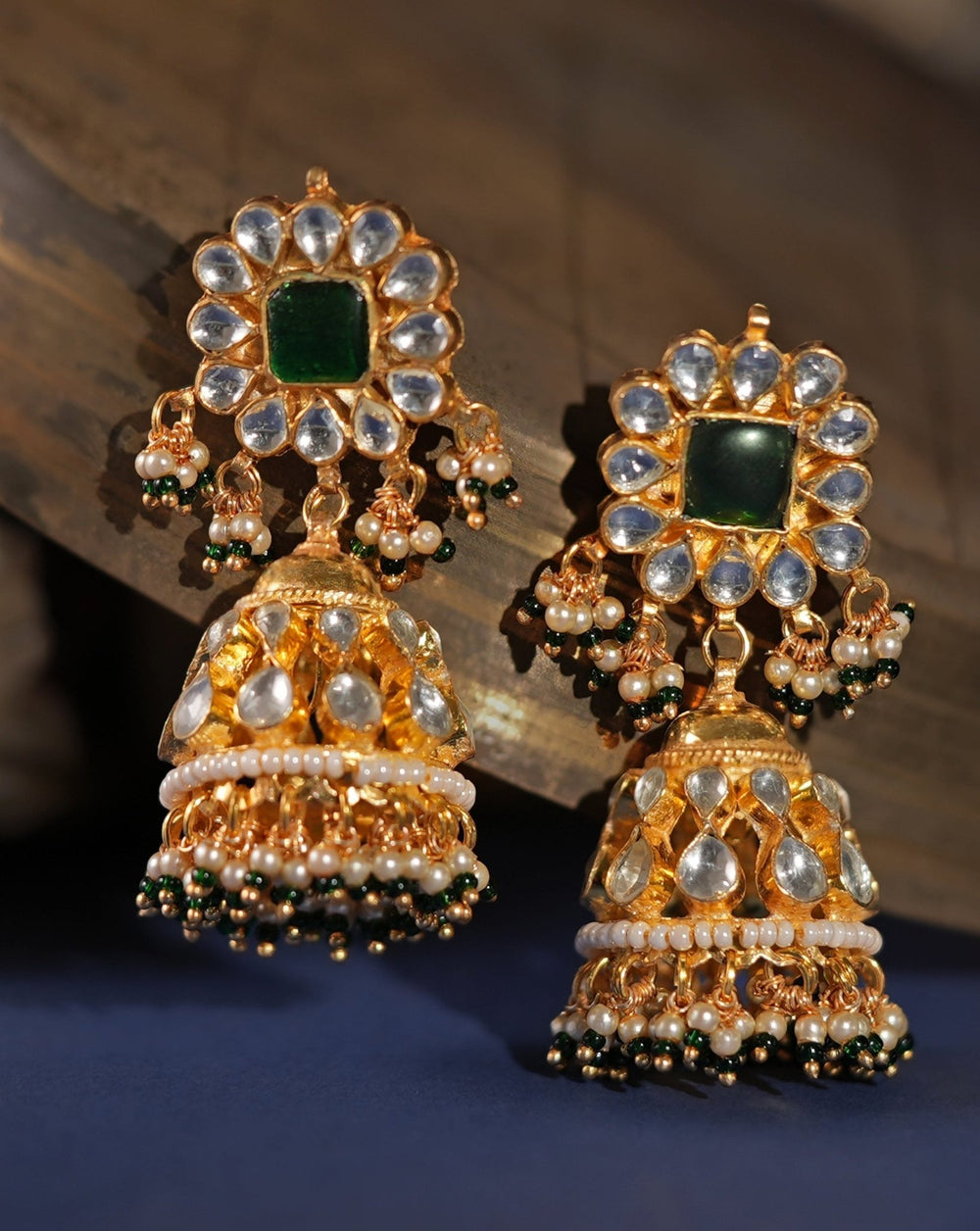 Gold Plated Green And White Jhumka Earrings Kalyani Indian Jewelry - Fabilicious Fashion