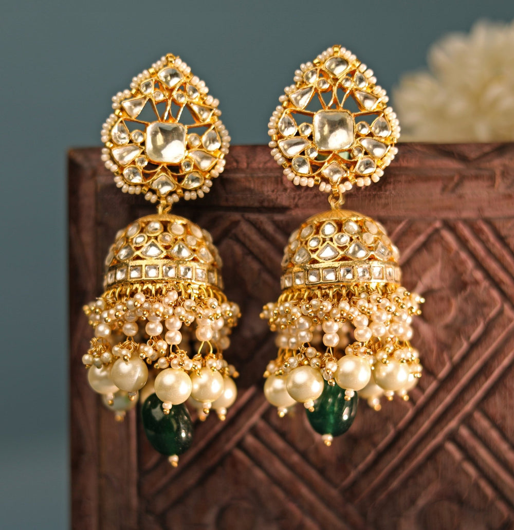 Gold Plated Green And White Jhumka With Pearl Kalyani Indian Jewelry - Fabilicious Fashion