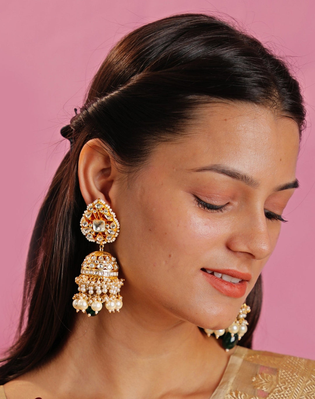 Gold Plated Green And White Jhumka With Pearl Kalyani Indian Jewelry - Fabilicious Fashion