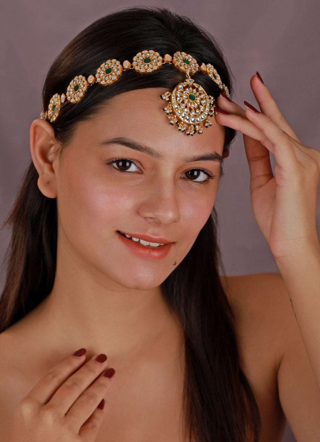 Gold Plated Green And White Stone Mathapatti Kalyani Indian Jewelry - Fabilicious Fashion