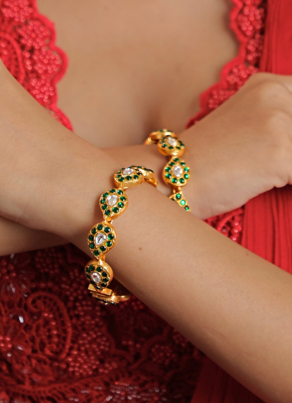 Gold Plated Green And White Studded Bangle Kalyani Indian Jewelry - Fabilicious Fashion