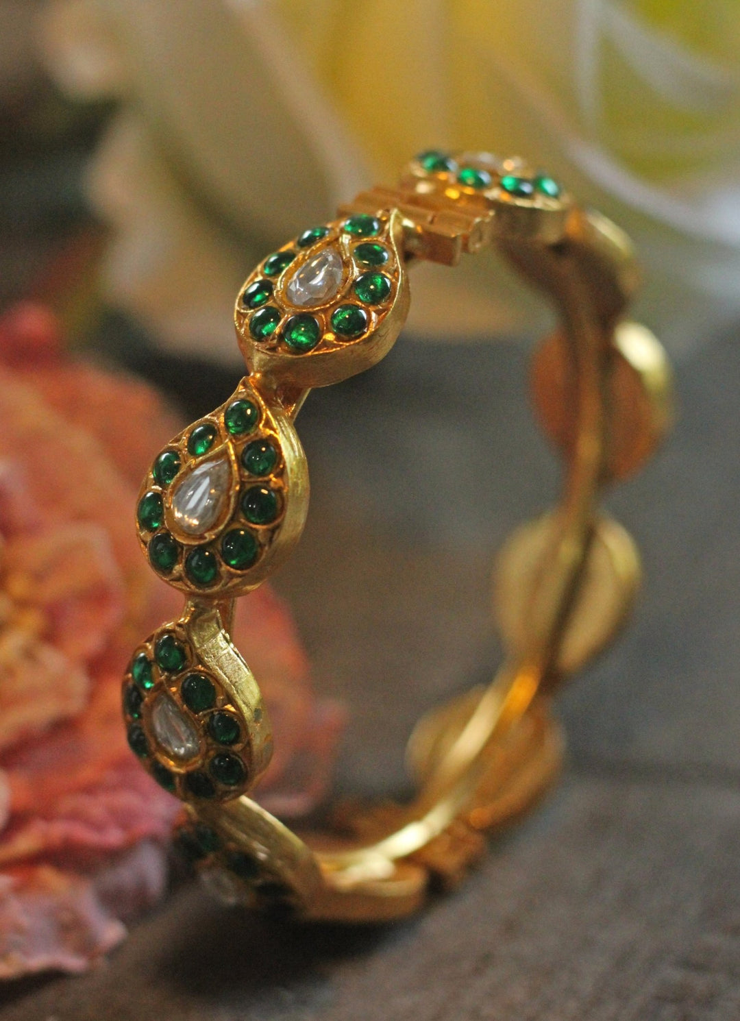 Gold Plated Green And White Studded Bangle Kalyani Indian Jewelry - Fabilicious Fashion