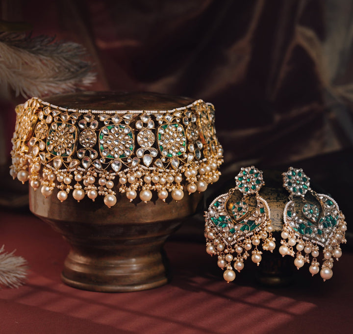 Gold Plated Green And White Studded Necklace Set With Pearl Drop Kalyani Indian Jewelry - Fabilicious Fashion