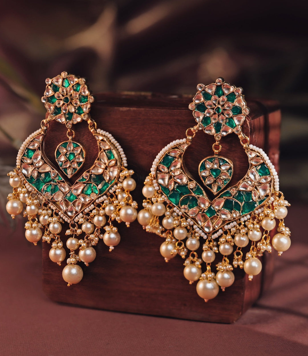 Gold Plated Green And White Studded Necklace Set With Pearl Drop Kalyani Indian Jewelry - Fabilicious Fashion