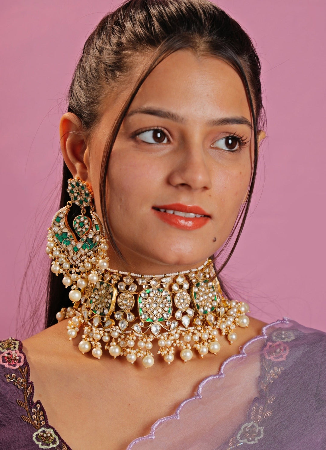 Gold Plated Green And White Studded Necklace Set With Pearl Drop Kalyani Indian Jewelry - Fabilicious Fashion