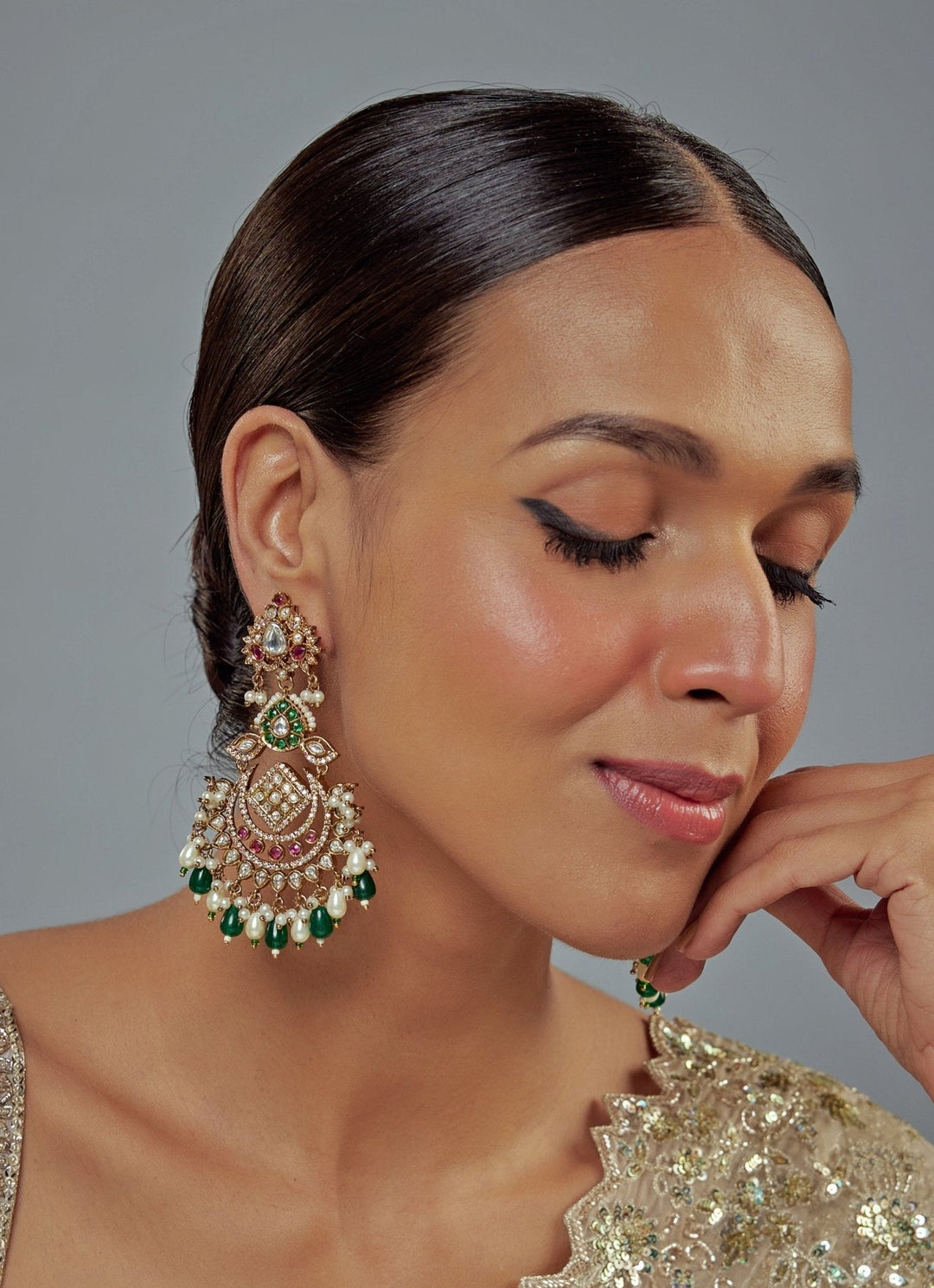 Gold Plated Green Beaded Kundan Chandbali Earrings Vivinia by Vidhi Mehra - Fabilicious Fashion