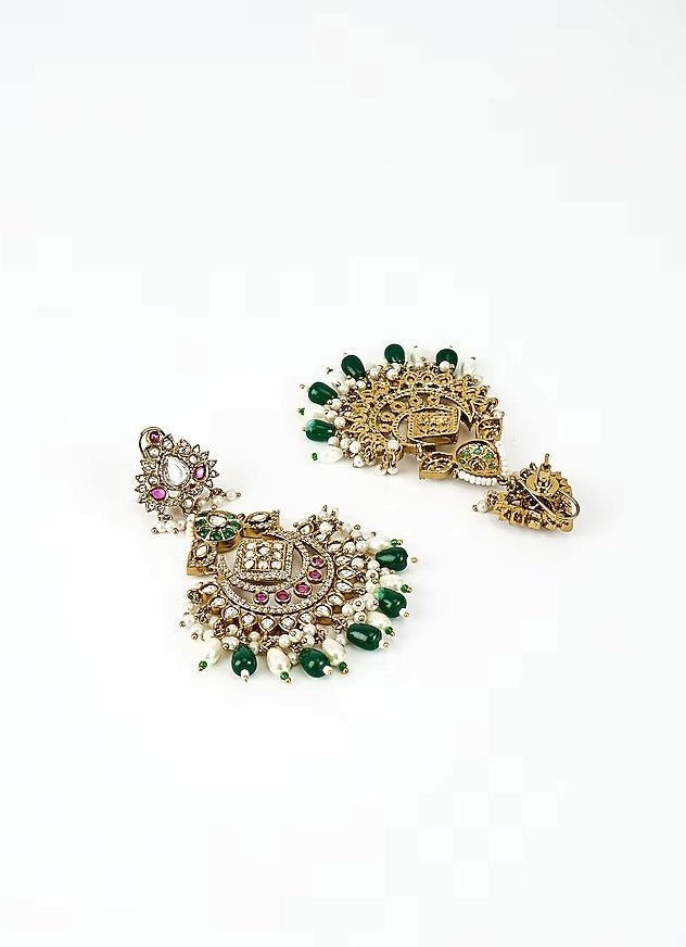 Gold Plated Green Beaded Kundan Chandbali Earrings Vivinia by Vidhi Mehra - Fabilicious Fashion