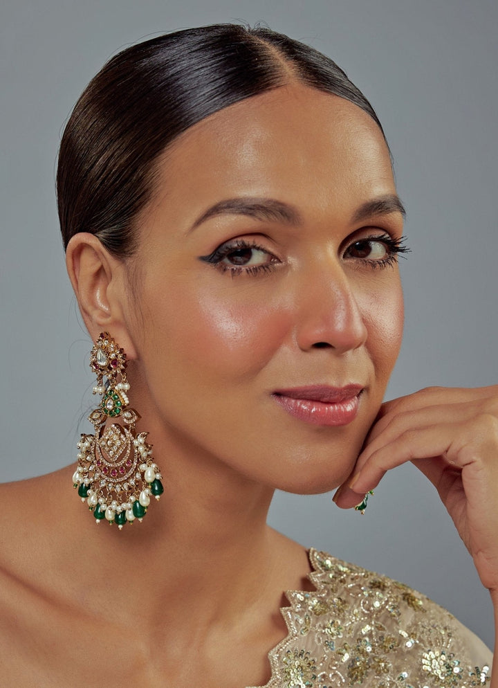 Gold Plated Green Beaded Kundan Chandbali Earrings Vivinia by Vidhi Mehra - Fabilicious Fashion