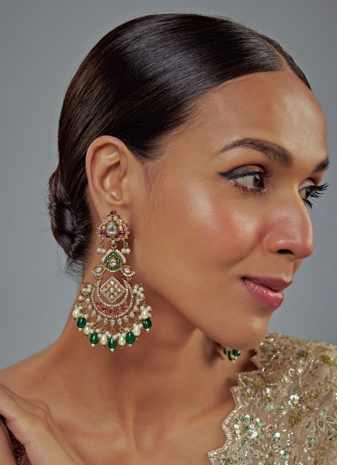 Gold Plated Green Beaded Kundan Chandbali Earrings Vivinia by Vidhi Mehra - Fabilicious Fashion