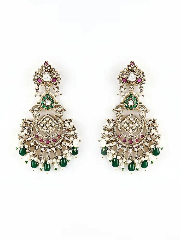 Gold Plated Green Beaded Kundan Chandbali Earrings Vivinia by Vidhi Mehra - Fabilicious Fashion