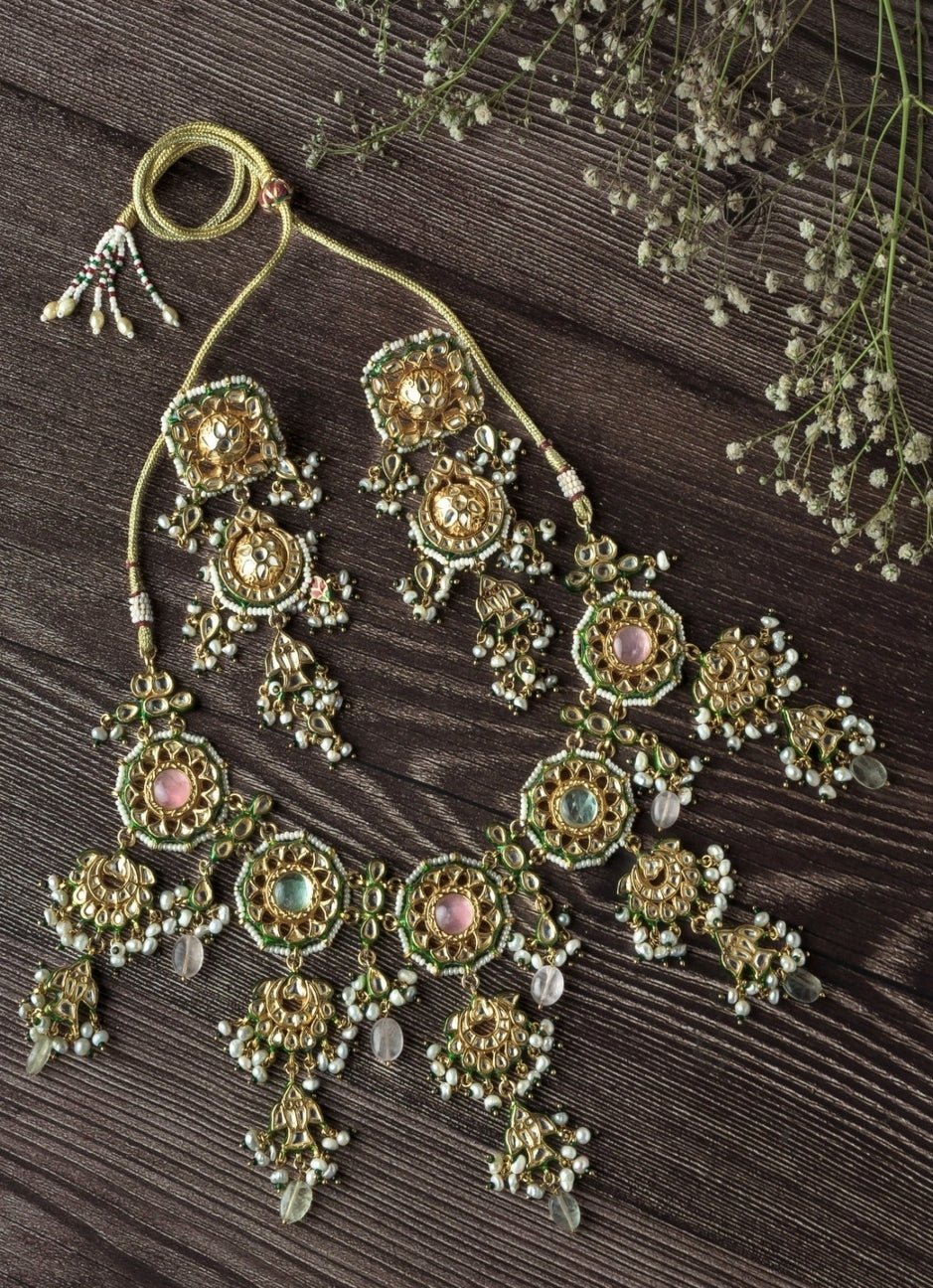 Gold Plated Green Beaded Kundan Necklace Set Vivinia by Vidhi Mehra - Fabilicious Fashion