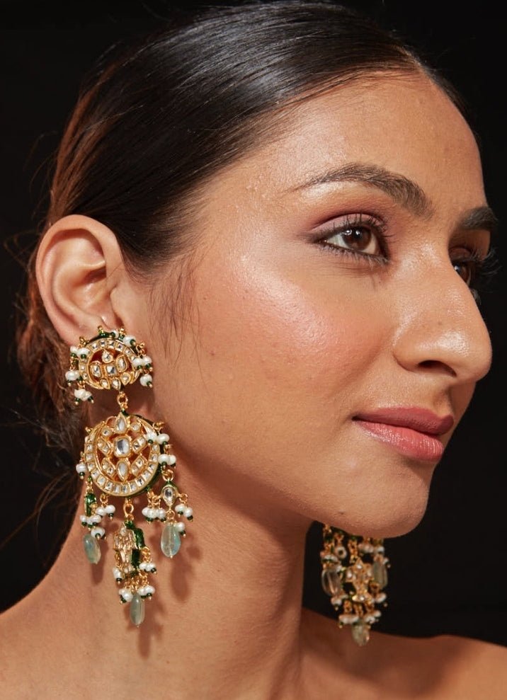 Gold Plated Green Beaded Kundan Polki Earrings Vivinia by Vidhi Mehra - Fabilicious Fashion