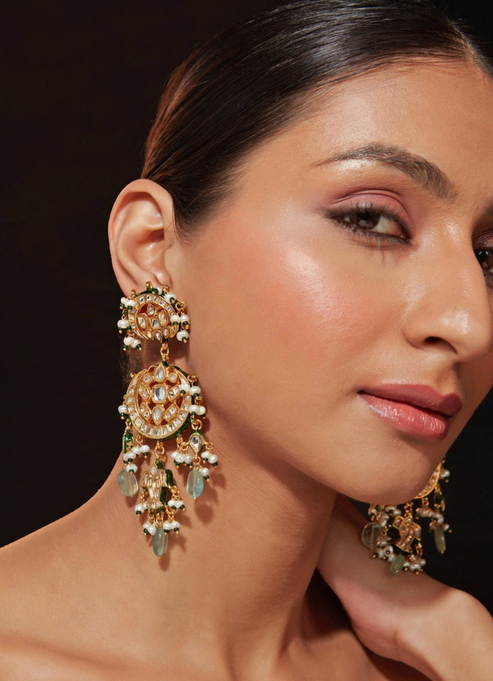 Gold Plated Green Beaded Kundan Polki Earrings Vivinia by Vidhi Mehra - Fabilicious Fashion