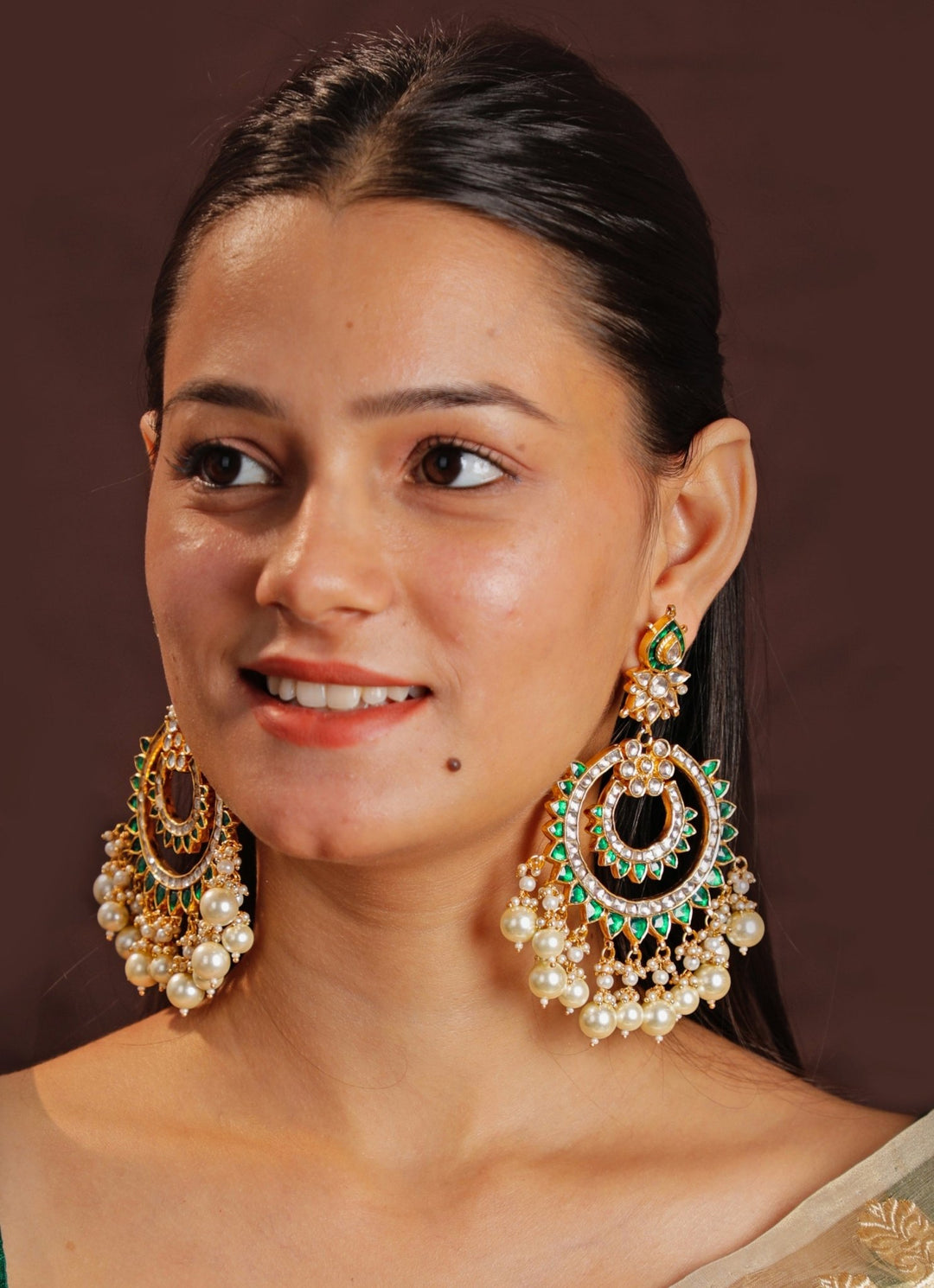 Gold Plated Green Chandbali Earrings With White Pearl Kalyani Indian Jewelry - Fabilicious Fashion